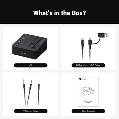 Fosi Audio C3 gaming-lydkort og DAC med hovedtelefonforstærker, skydere, lydudgange, USB-C/A-kabel, Y-splitter og brugsanvisning.