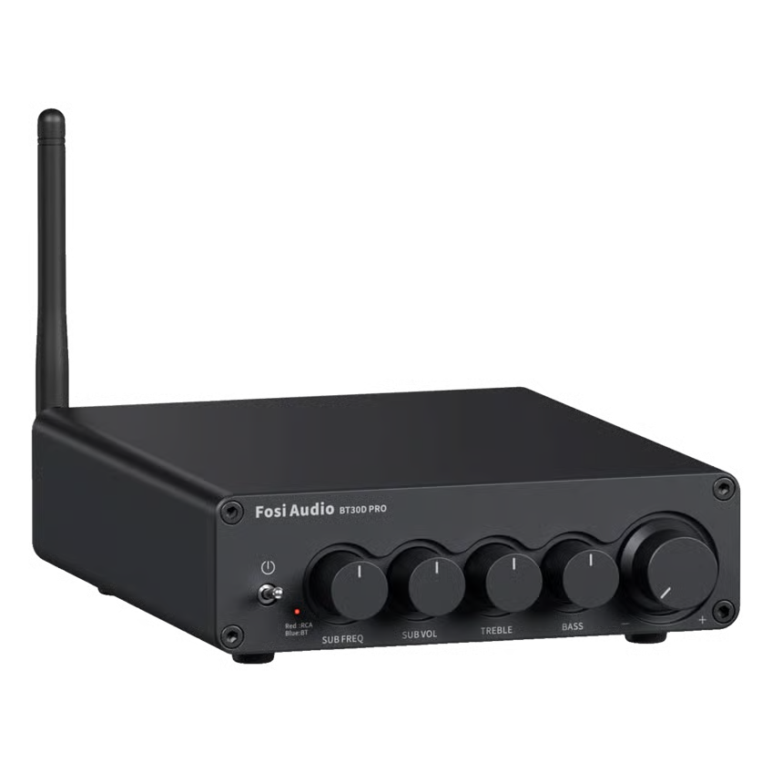 Sort Fosi Audio BT30D Pro 2.1-forstærker med Bluetooth, 48 V, antenne, fire drejeknapper, lydstyrkekontrol og tænd/sluk-knap.