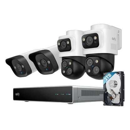 Eufy NVR S4-sikkerhedssystem i hvid med 4 stk. 4K PoE-kameraer og 2 TB NVR.