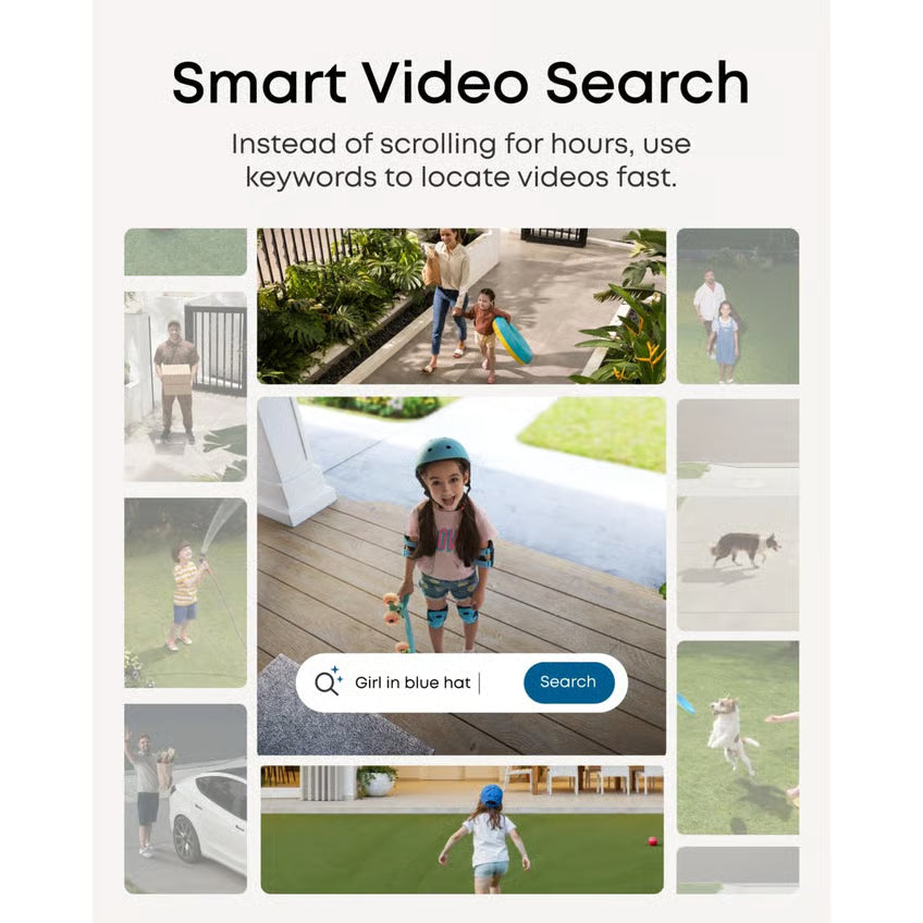 Eufy NVR-sikkerhedssystem S4, 4 stk. 4K PoE-kameraer, 2 TB NVR, hvid, vist med app-søgefelt til personer og kæledyr.