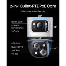 Eufy S4 2-i-1 PoE-bullet- og PTZ-overvågningskamera i hvid med 4K UHD, 360-graders panorering og synlig billedvinkel.