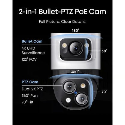 Eufy S4 2-i-1 PoE-bullet- og PTZ-overvågningskamera i hvid med 4K UHD, 360-graders panorering og synlig billedvinkel.