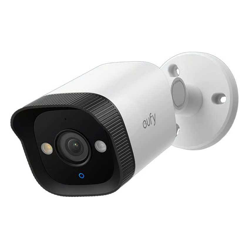 Hvidt Eufy NVR S4 PoE-kuglekamera med sort linsehus, monteringsfod og statuslampe.