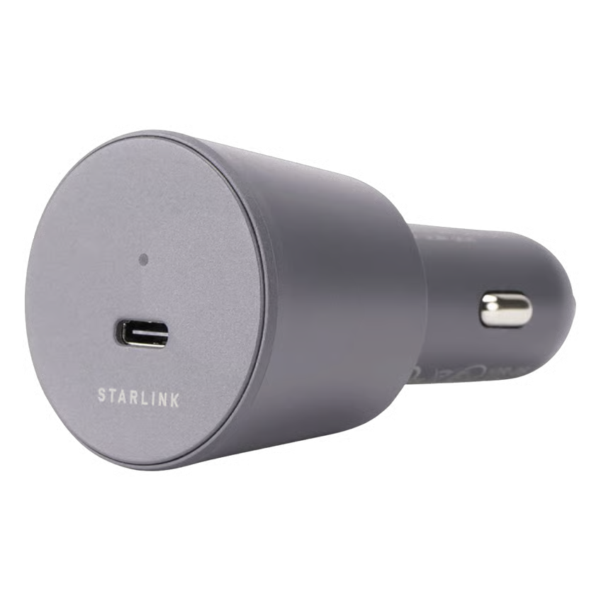 Grå Starlink Mini-biladapter, USB-C til 12–24 V med USB-C-port og LED-indikator til 12 V strøm.