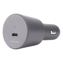 Grå Starlink Mini-biladapter, USB-C til 12–24 V med USB-C-port og LED-indikator til 12 V strøm.