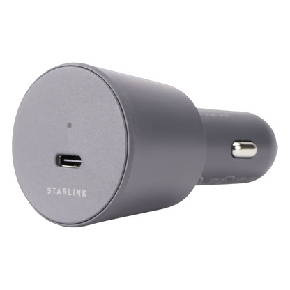Grå Starlink Mini-biladapter, USB-C til 12–24 V med USB-C-port og LED-indikator til 12 V strøm.