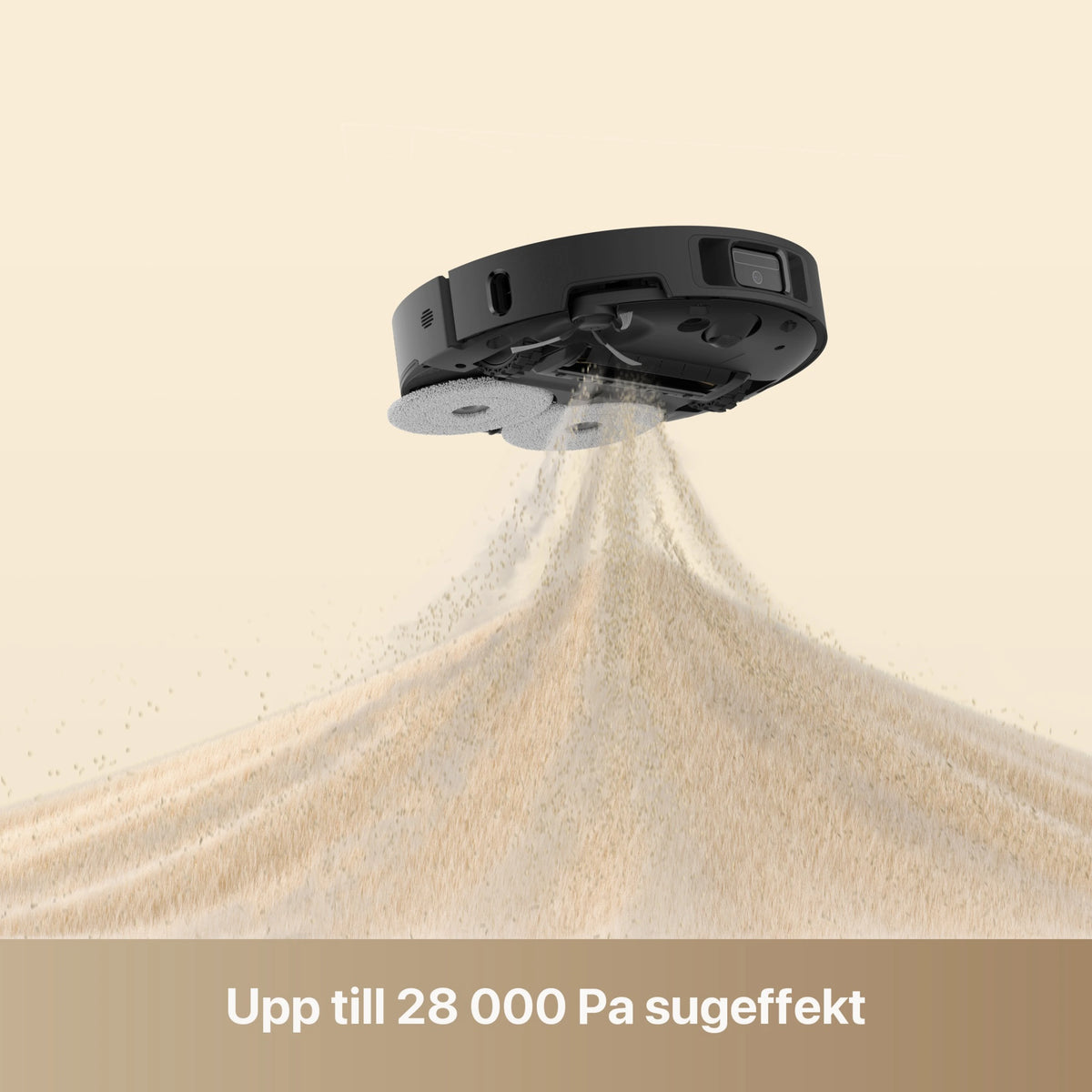 Sort Dreame L50 Ultra AE robotstøvsuger med to moppepuder, der opsuger sand med en sugeevne på 28.000 Pa.