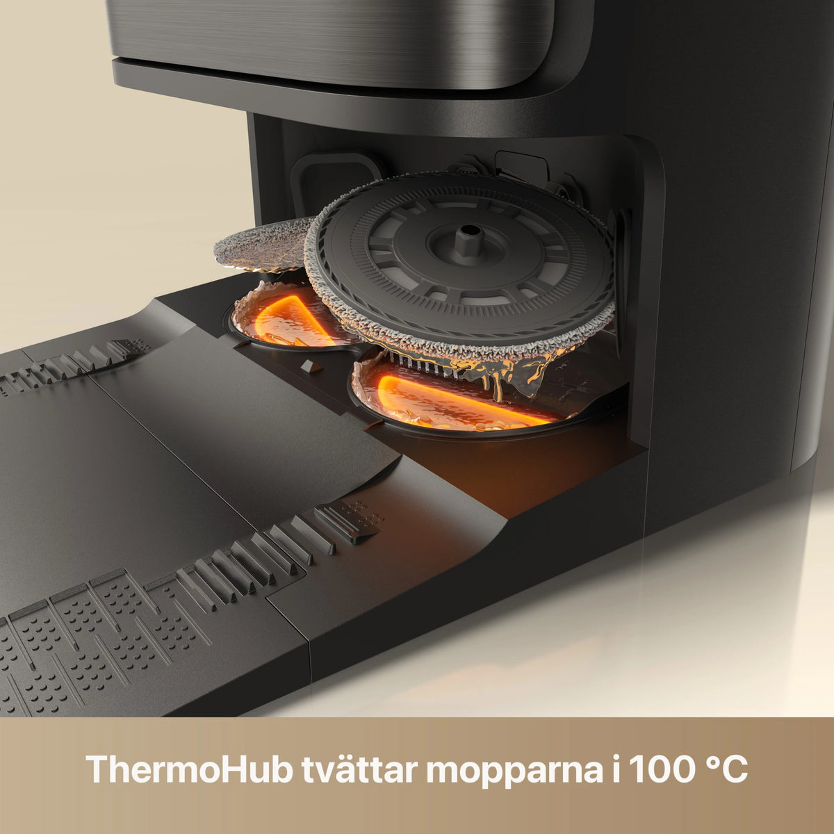 Dreame L50 Ultra AE robotstøvsuger med ladestation, der vasker to runde mopper med 100 °C varmt vand.