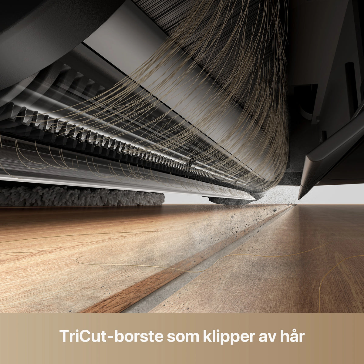 Undersiden af Dreame L50 Ultra AE robotstøvsugeren med roterende børste og knive, der klipper hår på trægulvet.