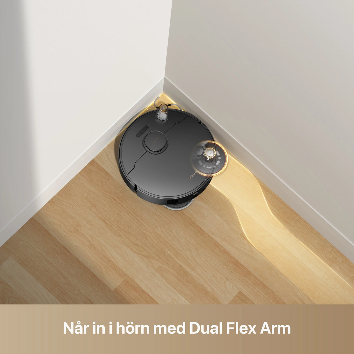 Sort Dreame L50 Ultra AE robotstøvsuger med moppefunktion, der rengør hjørnerne på et lyst trægulv.