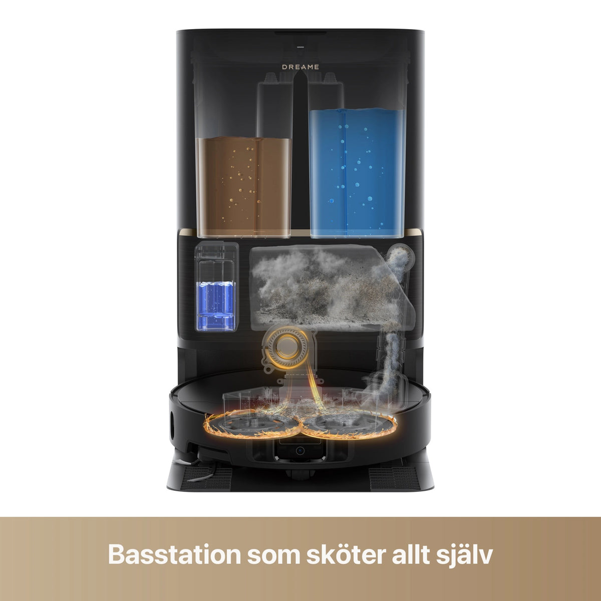 Sort Dreame L50 Ultra AE robotstøvsuger i ladestation med gennemskåret visning af vandbeholdere og støvbeholder.