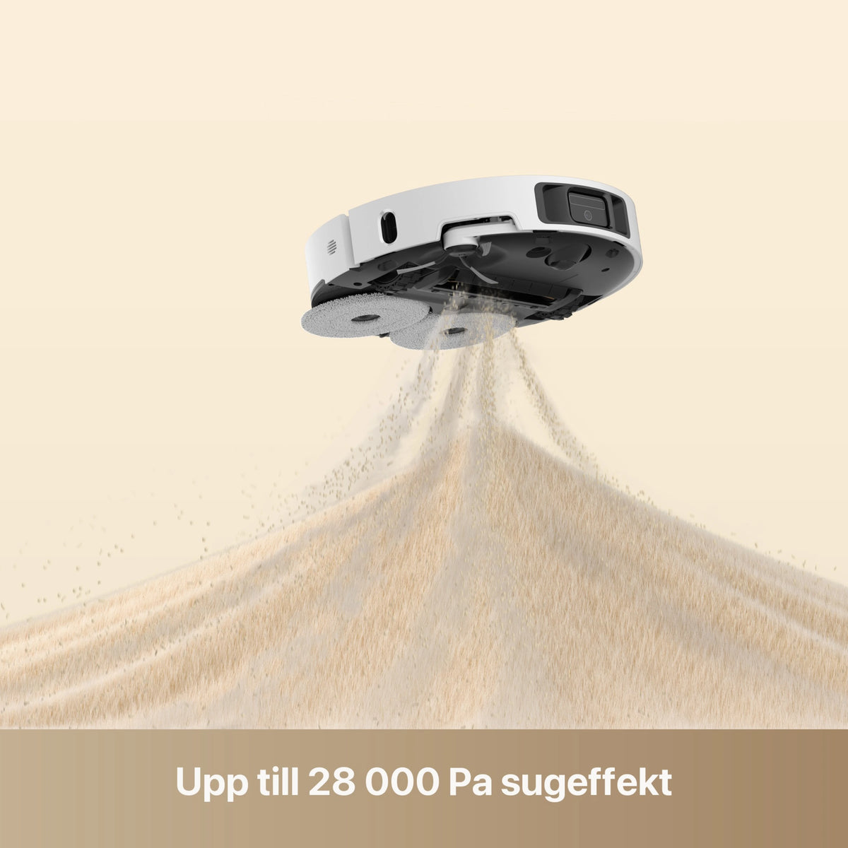 Hvid Dreame L50 Ultra AE robotstøvsuger med to roterende mopper over snavs og teksten Op til 28 000 Pa sugeeffekt.