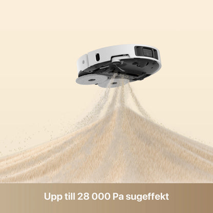 Hvid Dreame L50 Ultra AE robotstøvsuger med to roterende mopper over snavs og teksten Op til 28 000 Pa sugeeffekt.