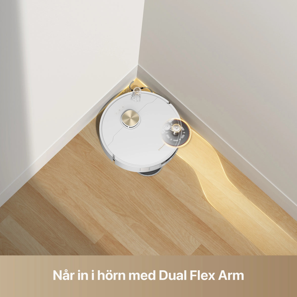 Hvid Dreame L50 Ultra AE robotstøvsuger med forlænget moppearm i et hjørne og kraftig sugeevne.