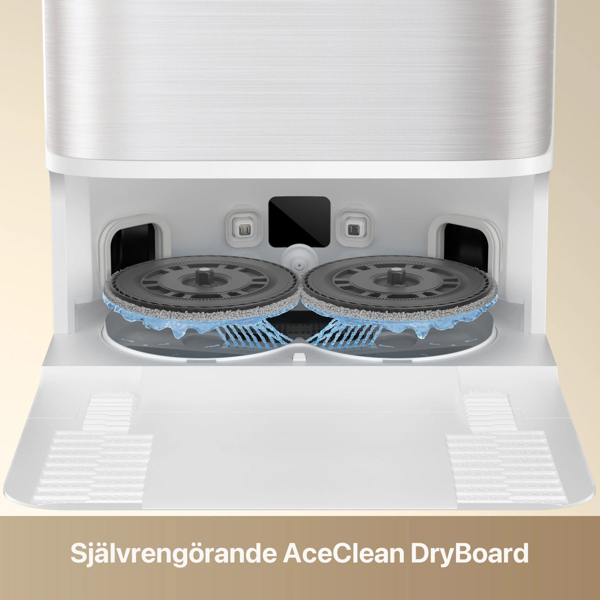 Dreame L50 Ultra AE robotstøvsuger med moppestation, to roterende mopper under vandstråle, AceClean og tømmestation.