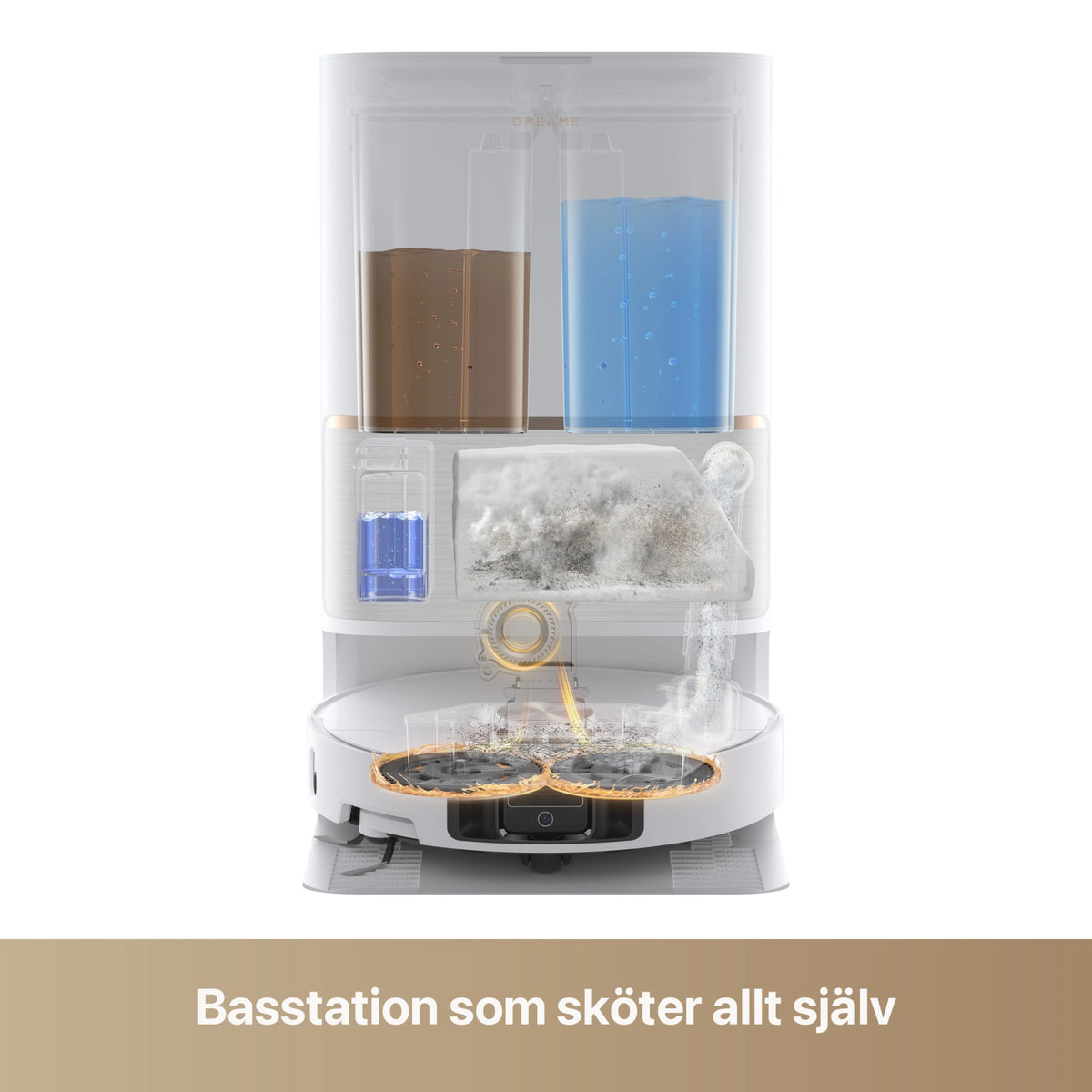 Hvid Dreame L50 Ultra AE robotstøvsuger og gulvmoppe ved dockingstation med automatisk tømning og vandtank.