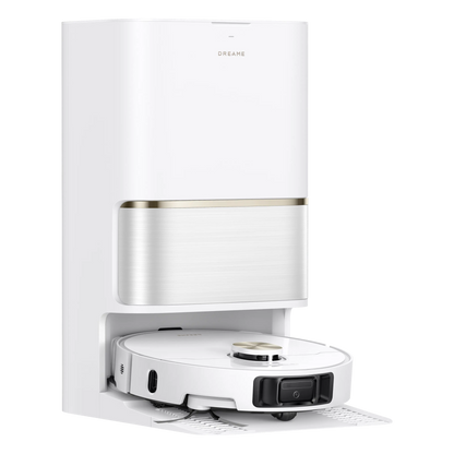 Hvid Dreame L50 Ultra AE robotstøvsuger med moppe og ladestation til automatisk tømning.