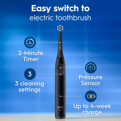 Oral-B iO Series 2 elektrisk tandbørste i farven Night Black med tryksensor, rejseetui, 2-minutters timer, 3 indstillinger og 4 ugers batterilevetid.