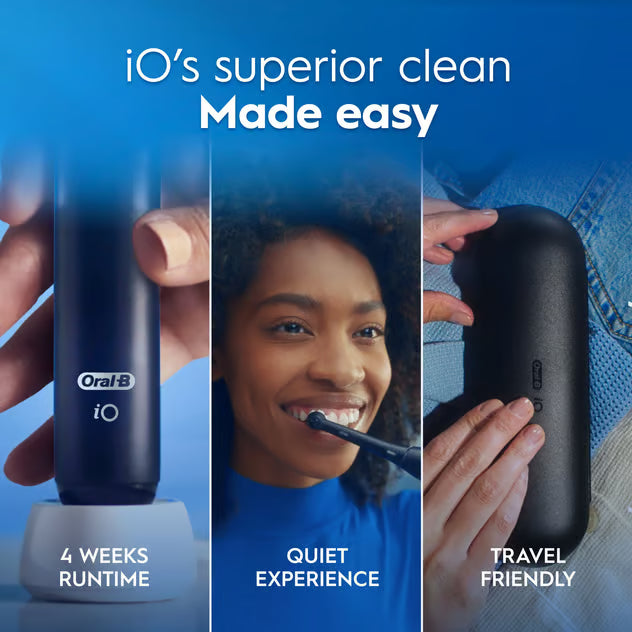 Oral-B iO Series 2 elektrisk tandbørste i farven Night Black med tryksensor, oplader og rejseetui.