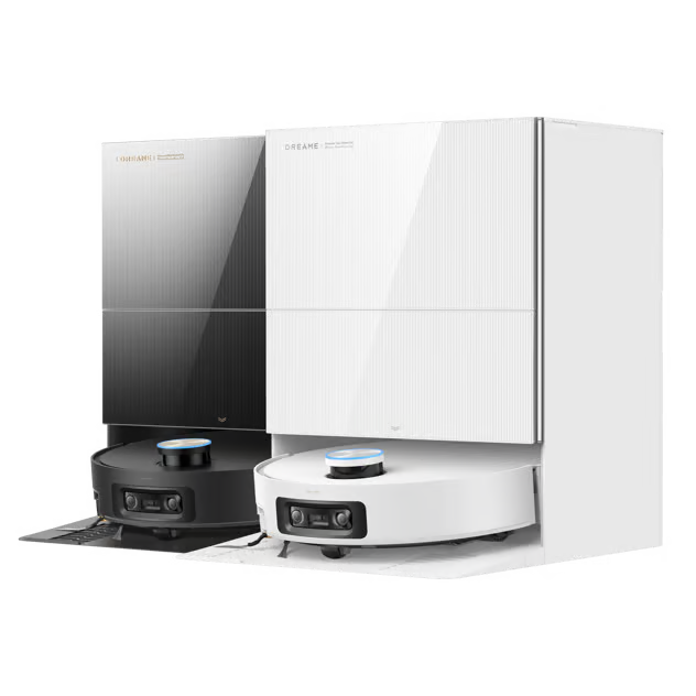 Til Dreame X60 Pro Ultra Complete robotstøvsugere med moppefunktion, ProLeap-system og sorte og hvide dockingstationer.