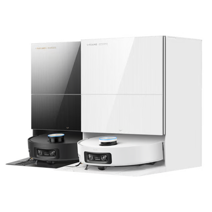 Til Dreame X60 Pro Ultra Complete robotstøvsugere med moppefunktion, ProLeap-system og sorte og hvide dockingstationer.