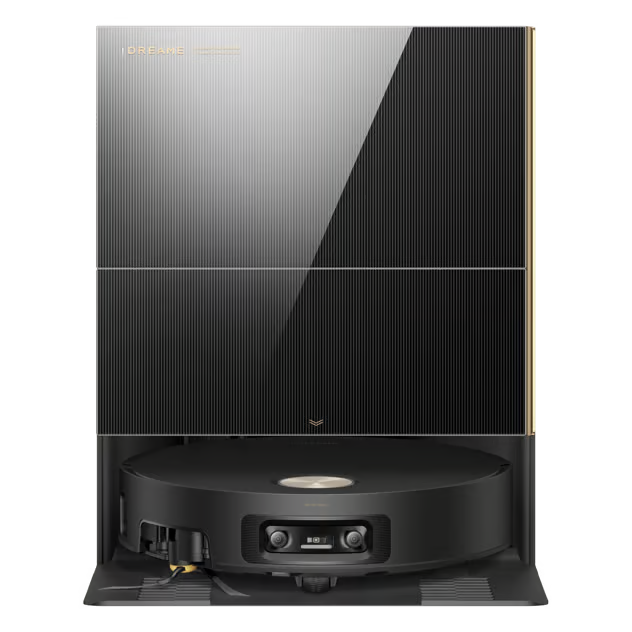 Sort Dreame X60 Pro Ultra komplet robotstøvsuger i ladestation med lodret stribet panel.