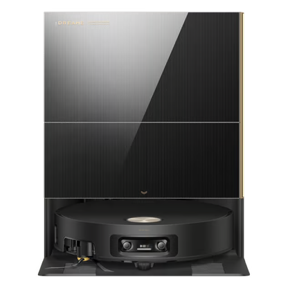 Sort Dreame X60 Pro Ultra komplet robotstøvsuger i ladestation med lodret stribet panel.