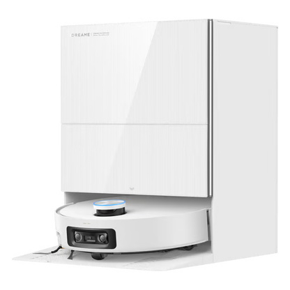 Dreame X60 Pro Ultra Complete – hvid robotstøvsuger med moppefunktion i dockingstation med ProLeap-system.