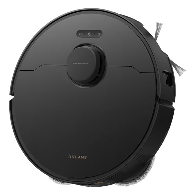 Dreame L50s Pro Ultra robotstøvsuger, sort, rund, med moppefunktion, LiDAR-sensor og sidebørste.