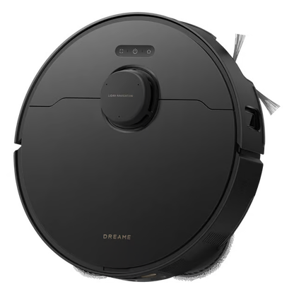 Dreame L50s Pro Ultra robotstøvsuger, sort, rund, med moppefunktion, LiDAR-sensor og sidebørste.