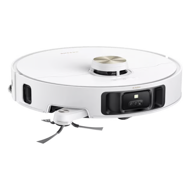 Dreame L50s Pro Ultra robotstøvsuger, hvid, med udtrækkelig roterende moppe og AI-sensormodul foran.