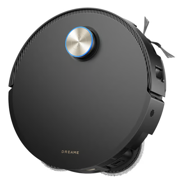 Sort, rund Dreame X60 Pro Ultra Complete robotstøvsuger med sølvfarvet knap med blå kant, roterende mopper og foldbare arme.