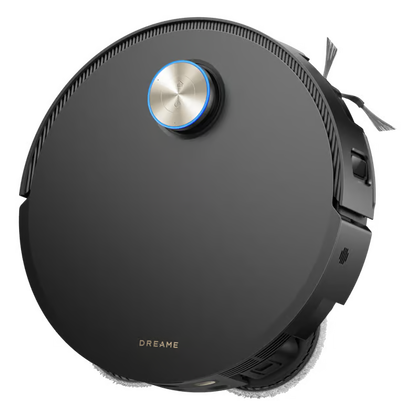 Sort, rund Dreame X60 Pro Ultra Complete robotstøvsuger med sølvfarvet knap med blå kant, roterende mopper og foldbare arme.