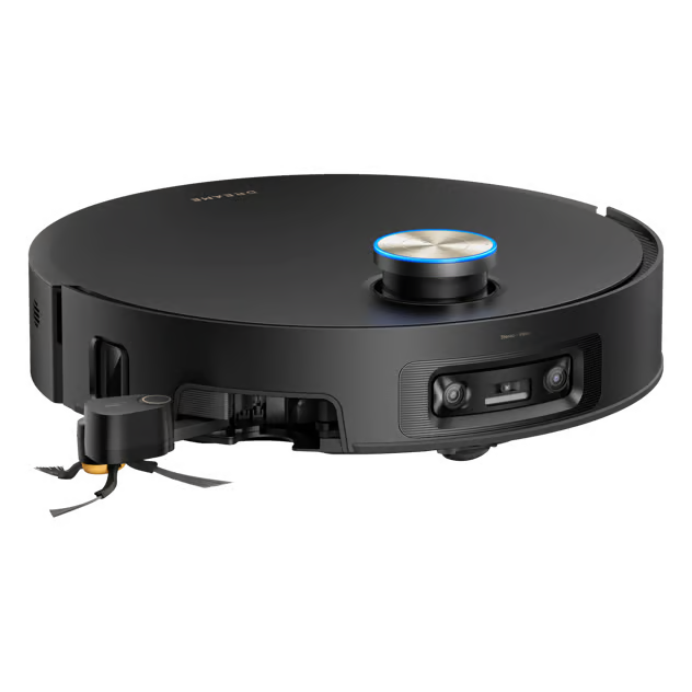 Sort Dreame X60 Pro Ultra – komplet robotstøvsuger med roterende sidebørste og cirkulær topsensor med blå ring.