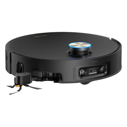 Sort Dreame X60 Pro Ultra – komplet robotstøvsuger med roterende sidebørste og cirkulær topsensor med blå ring.