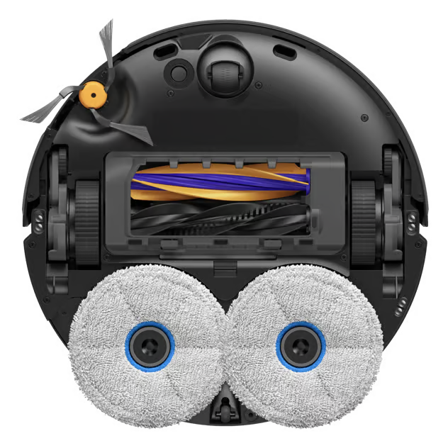 Undersiden af den sorte Dreame X60 Pro Ultra Complete robotstøvsuger med central børsterulle, sidebørste og to moppepuder.