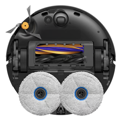 Undersiden af den sorte Dreame X60 Pro Ultra Complete robotstøvsuger med central børsterulle, sidebørste og to moppepuder.