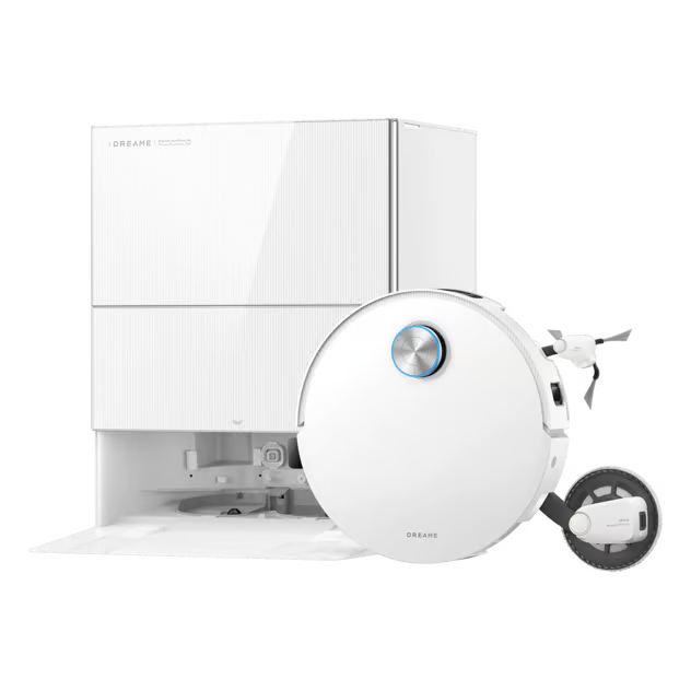 Hvid Dreame X60 Pro Ultra – komplet robotstøvsuger med moppe og rektangulær dockingstation med ProLeap-system.