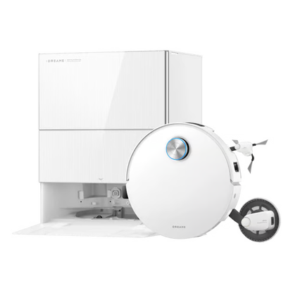 Hvid Dreame X60 Pro Ultra – komplet robotstøvsuger med moppe og rektangulær dockingstation med ProLeap-system.
