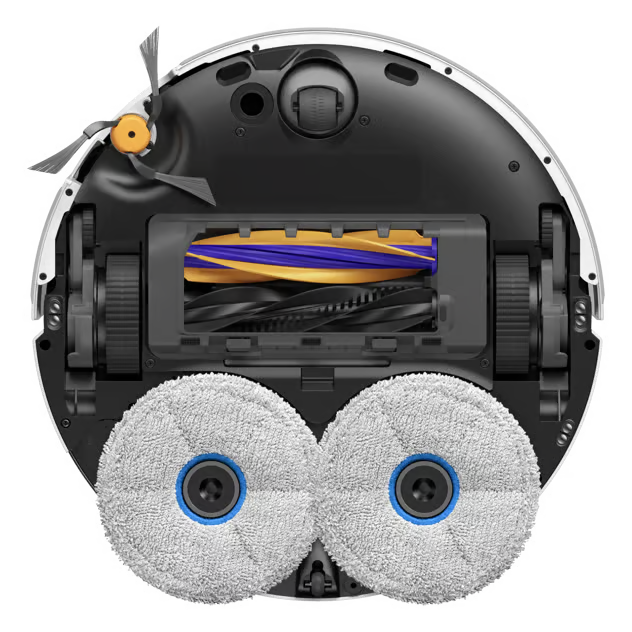 Undersiden af Dreame X60 Pro Ultra Complete robotstøvsuger med ProLeap-system, sidebørste, gummirulle og to moppepuder.