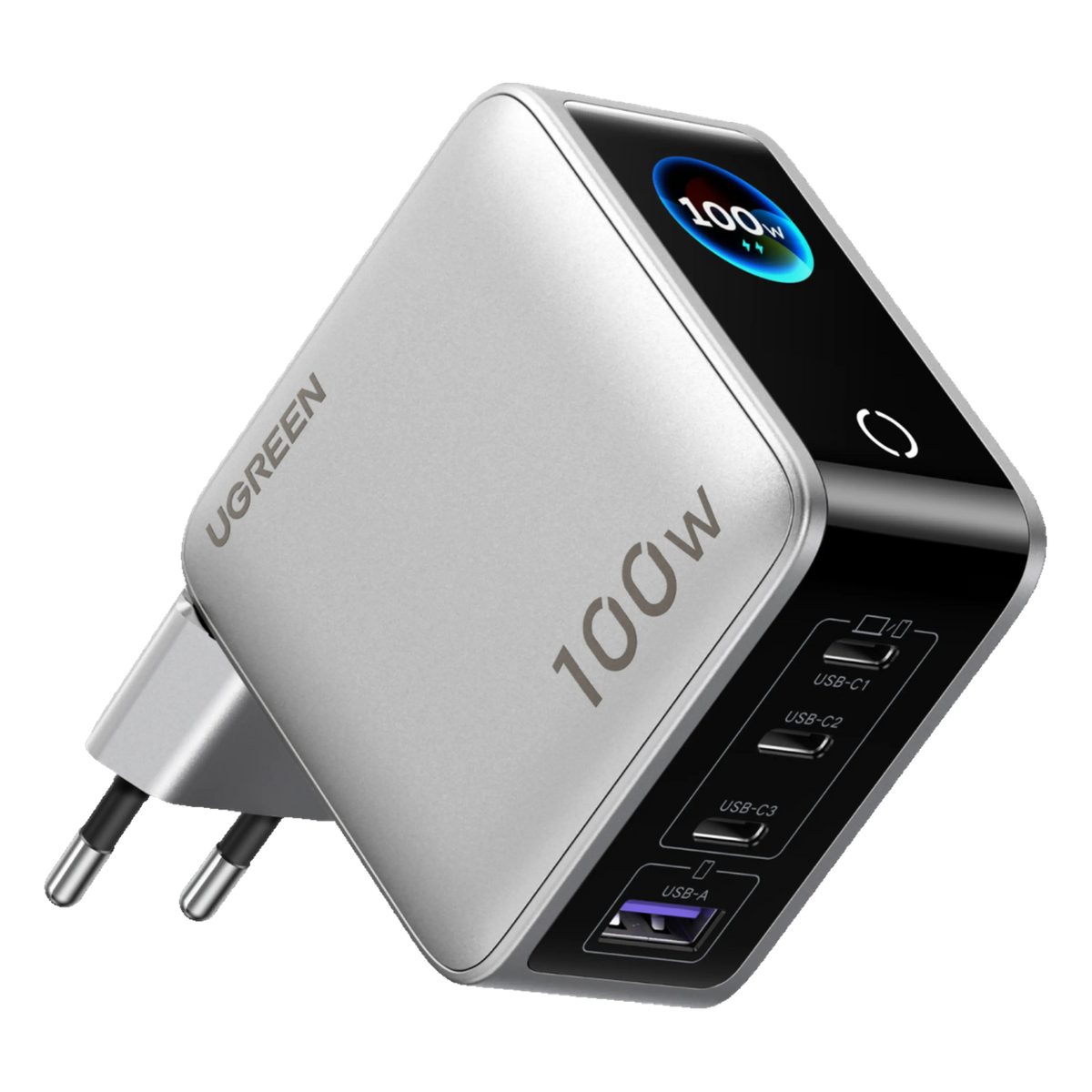 Ugreen Nexode Pro 100 W GaN-oplader med 3 USB-C-porte, 1 USB-A-port og digitalt display til udgangseffekt.