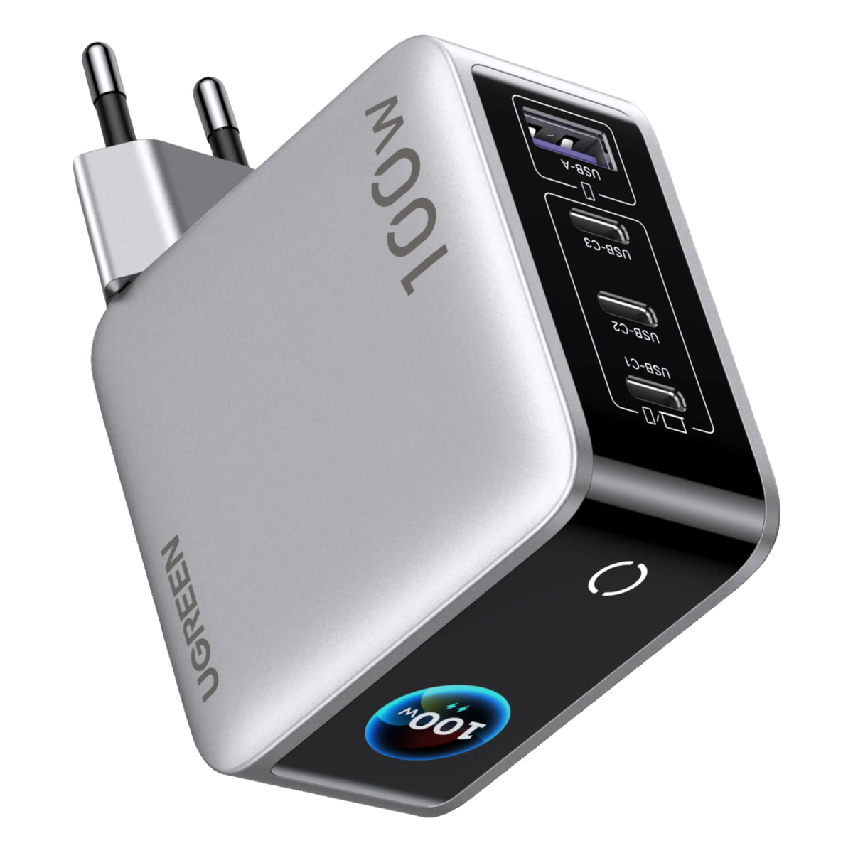 Ugreen Nexode Pro 100 W GaN-oplader med 4 porte, digitalt display, EU-stik, USB-A- og USB-C-porte.