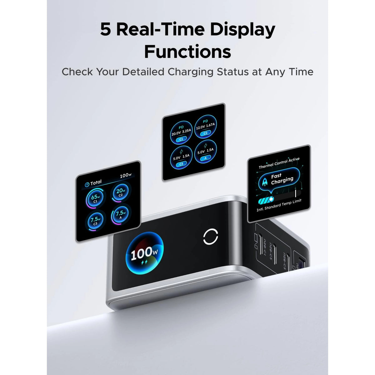 Ugreen Nexode Pro 100 W GaN-oplader med 4 porte og frontdisplay, der viser strømfordeling og opladningsstatus.