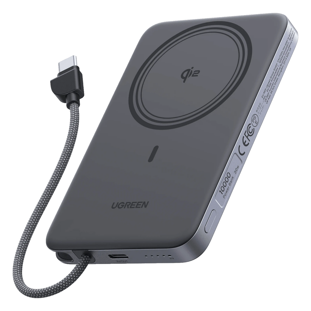 Grå Ugreen MagFlow Air MagSafe-powerbank på 10.000 mAh med integreret USB-C-kabel, Qi2 trådløs opladning og sideknap.