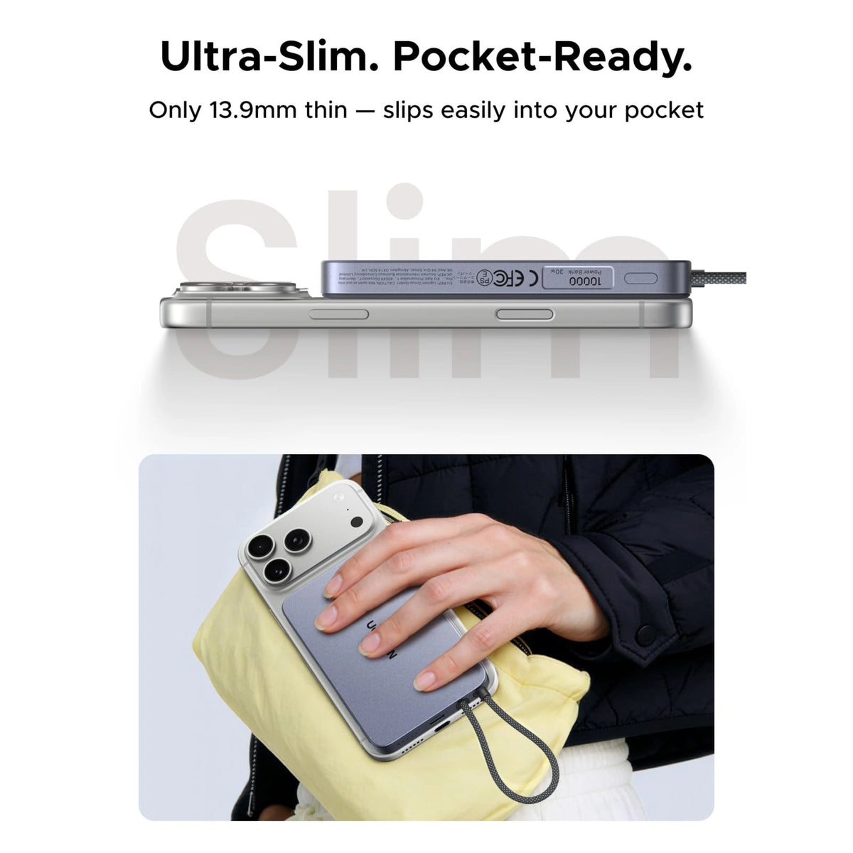 Grå Ugreen MagFlow Air MagSafe-powerbank på 10.000 mAh med integreret USB-C-kabel, monteret på en iPhone og i en gul pose.