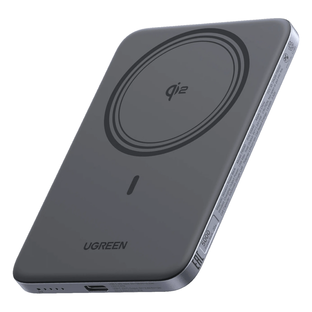 UGREEN MagFlow Air MagSafe-powerbank, 5.000 mAh, Qi2 15 W, USB-C 20 W, mørkegrå, trådløs opladningsring, USB-C-port og tekniske specifikationer.