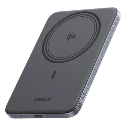 UGREEN MagFlow Air MagSafe-powerbank, 5.000 mAh, Qi2 15 W, USB-C 20 W, mørkegrå, trådløs opladningsring, USB-C-port og tekniske specifikationer.