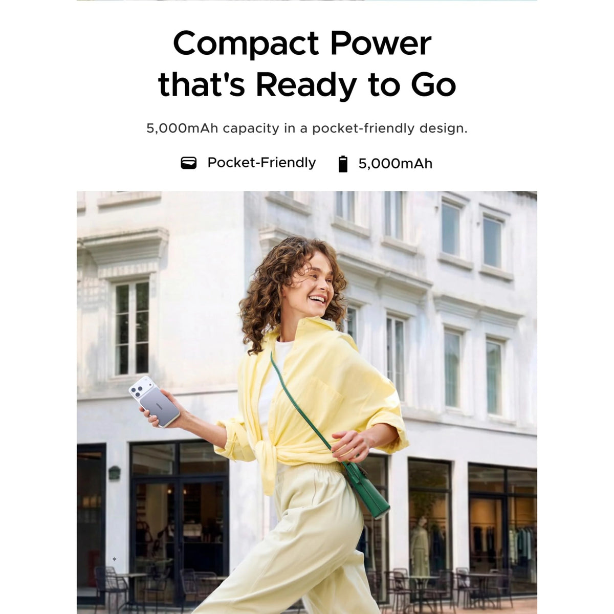 Smartphone med Ugreen MagFlow Air MagSafe-powerbank 5.000 mAh Qi2 15 W USB-C PD 20 W rumgrå.