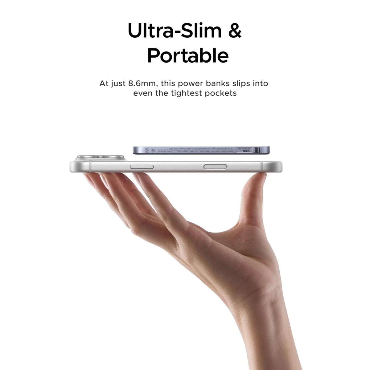 Ugreen MagFlow Air MagSafe-powerbank på 5.000 mAh i rumgrå, monteret trådløst på smartphonen.