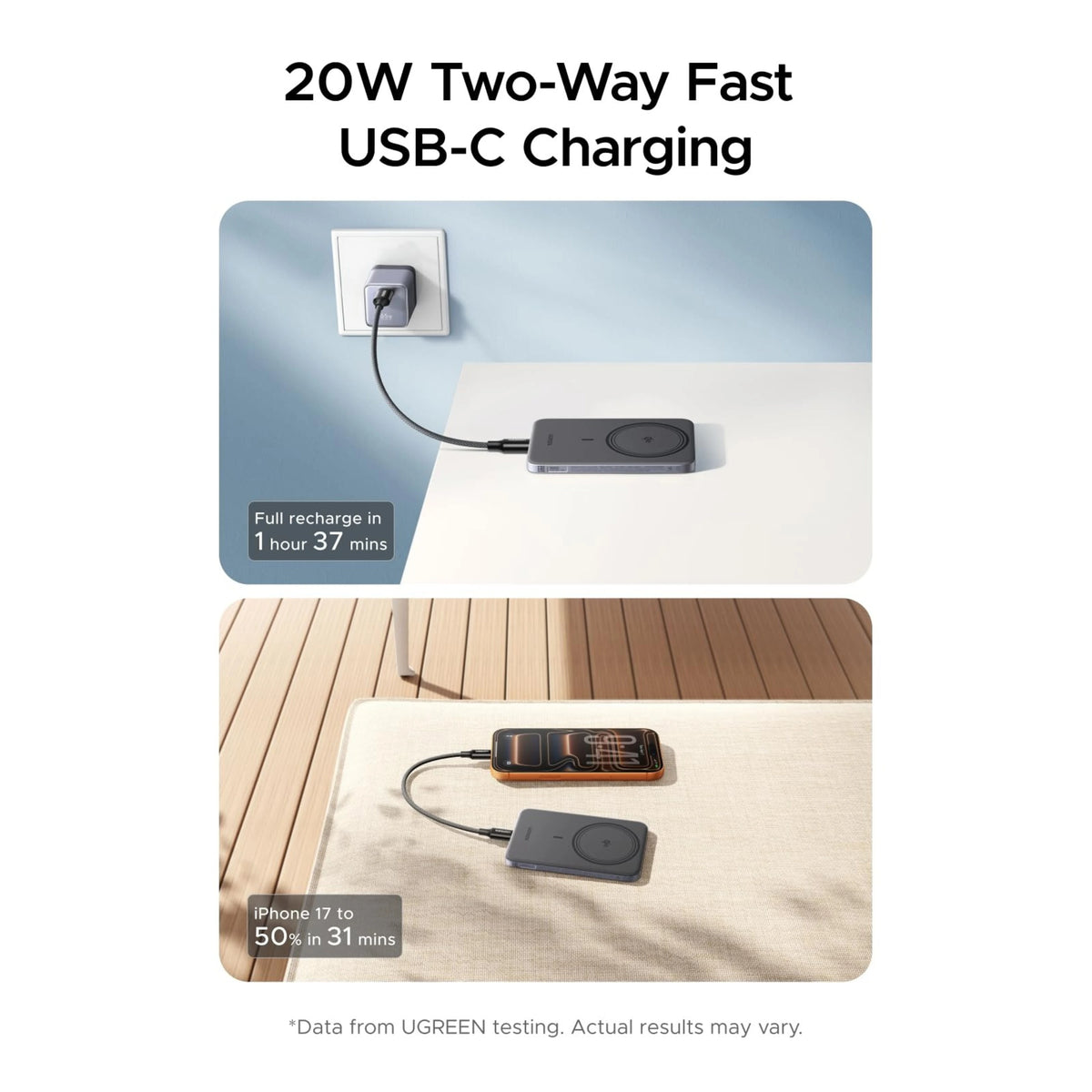 Ugreen MagFlow Air MagSafe-powerbank 5.000 mAh, Qi2 15 W, USB-C PD 20 W, rumgrå, oplader telefonen trådløst og via USB-C.